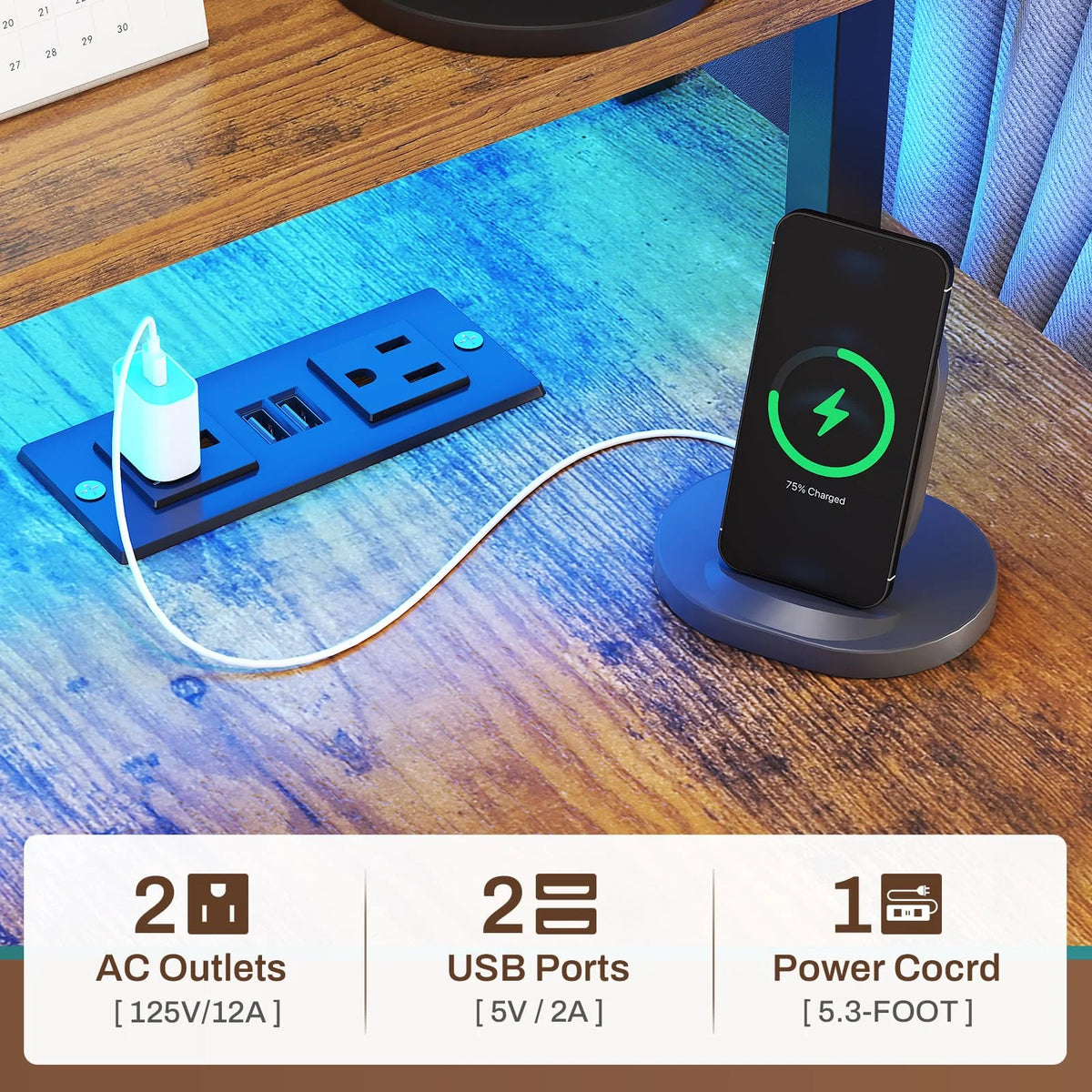 L Shaped Computer Desk with LED Lights and Power Outlet H407823
