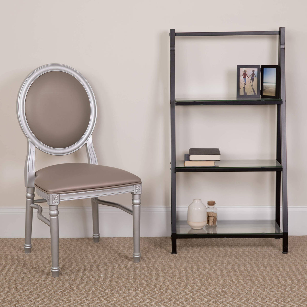 2 Pk. King Louis Chair with Taupe Vinyl Back and Seat and Silver Frame Q277129