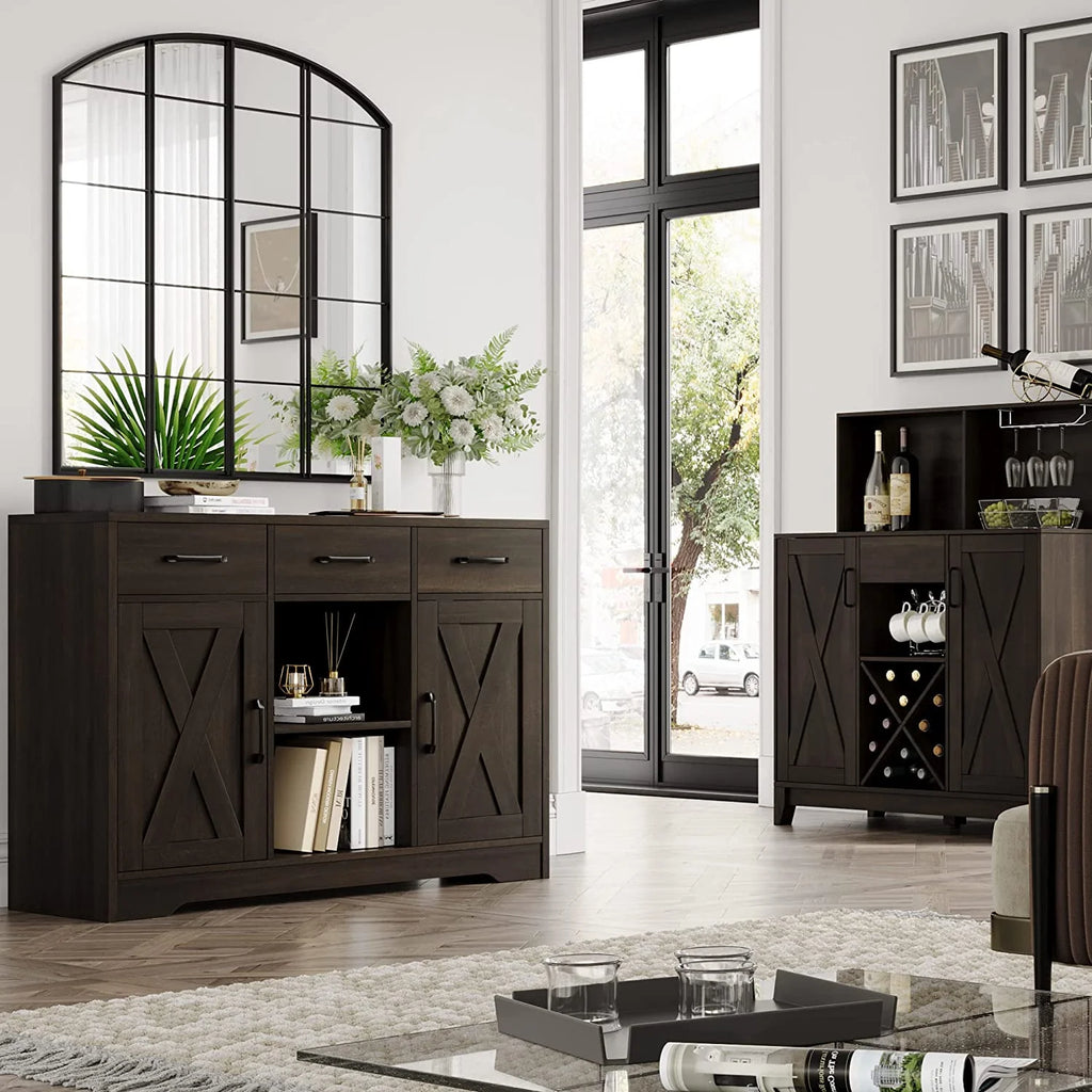 Dark Brown Wood Buffet Storage Cabinet with Barn Doors O343