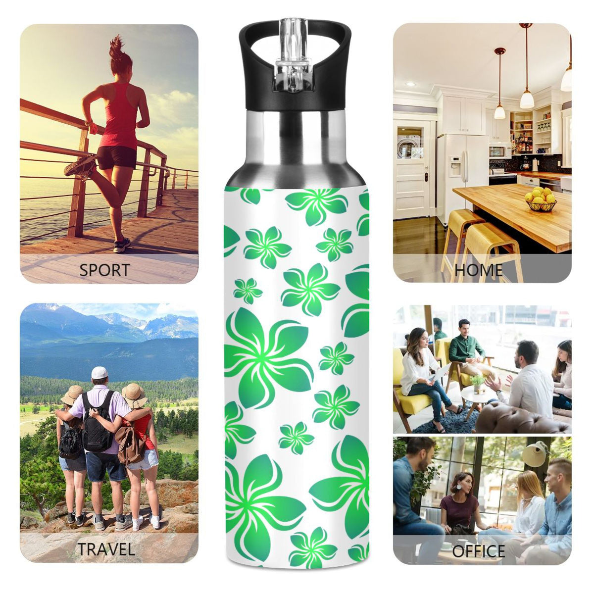 Green Stainless Steel Insulated Water Bottle with Straw Lid J516689