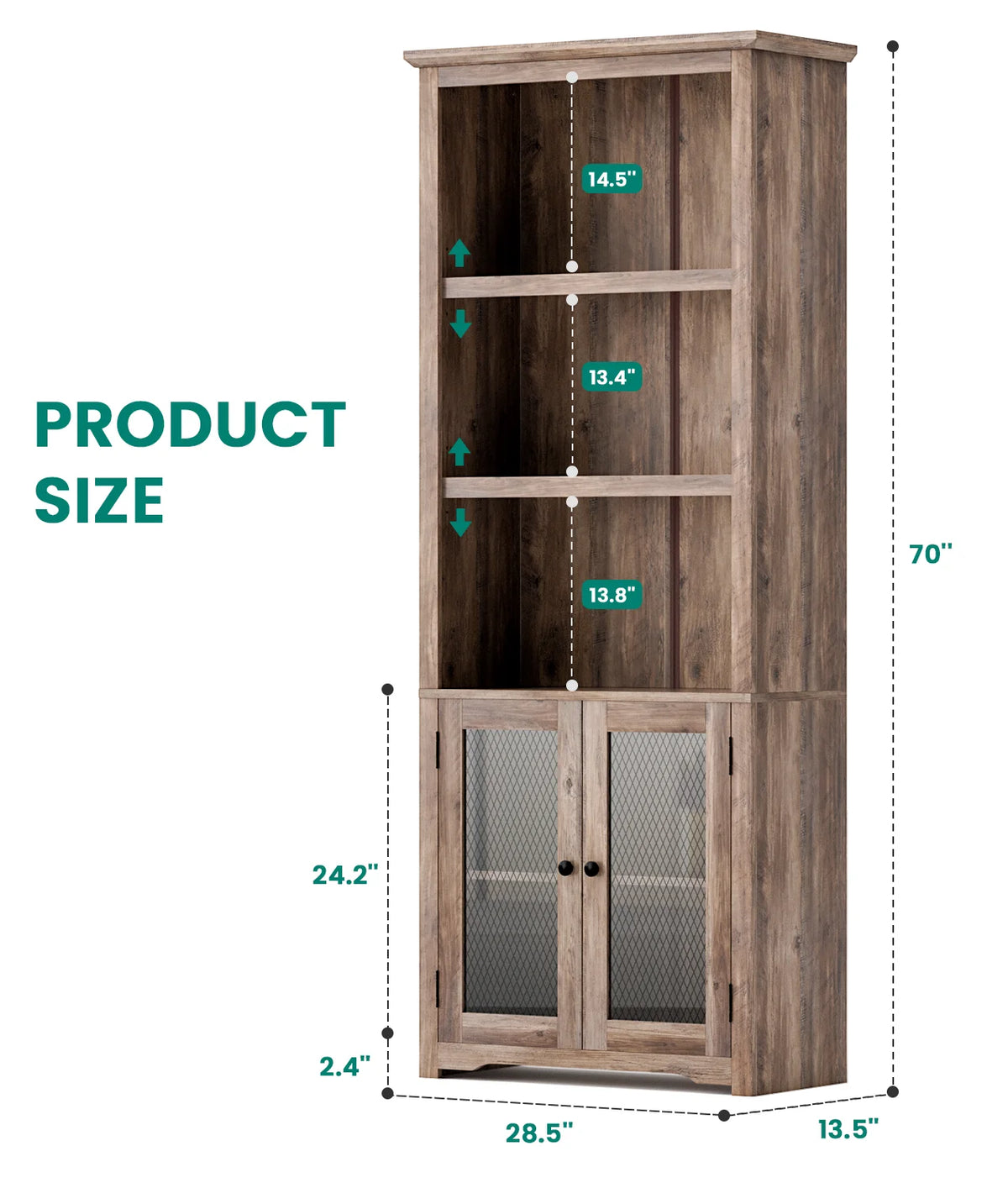 70" Tall 5-Shelf Bookshelf with Doors T2255