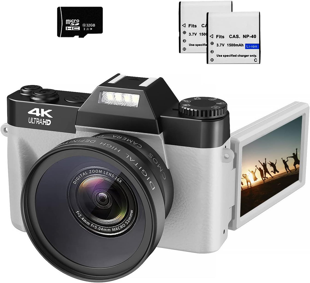 48MP 16X Digital Zoom Flip Screen Autofocus Camcorder with Wide-Angle Lens, Macro Lens, 32G Micro Card, 2 Batteries (Gray) V7879