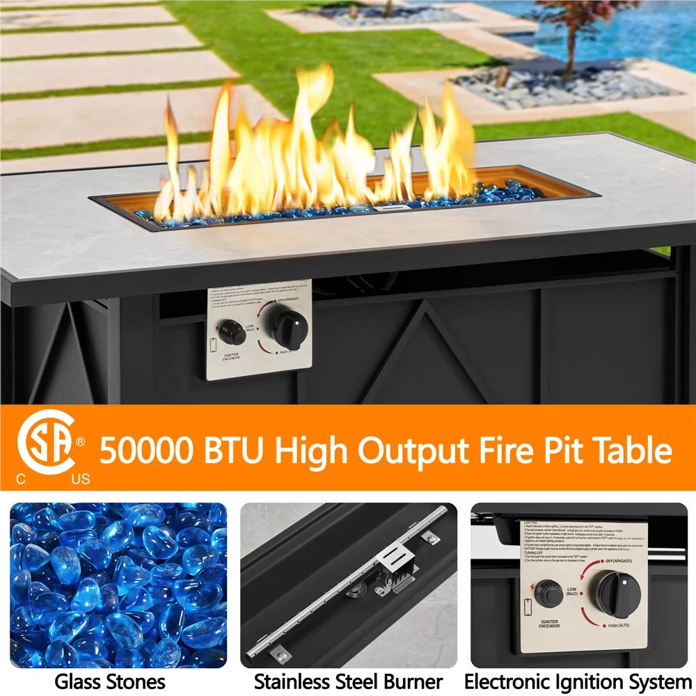 43in Propane Fire Pit Table with Ceramic Tabletop & Steel Base, Black E1001