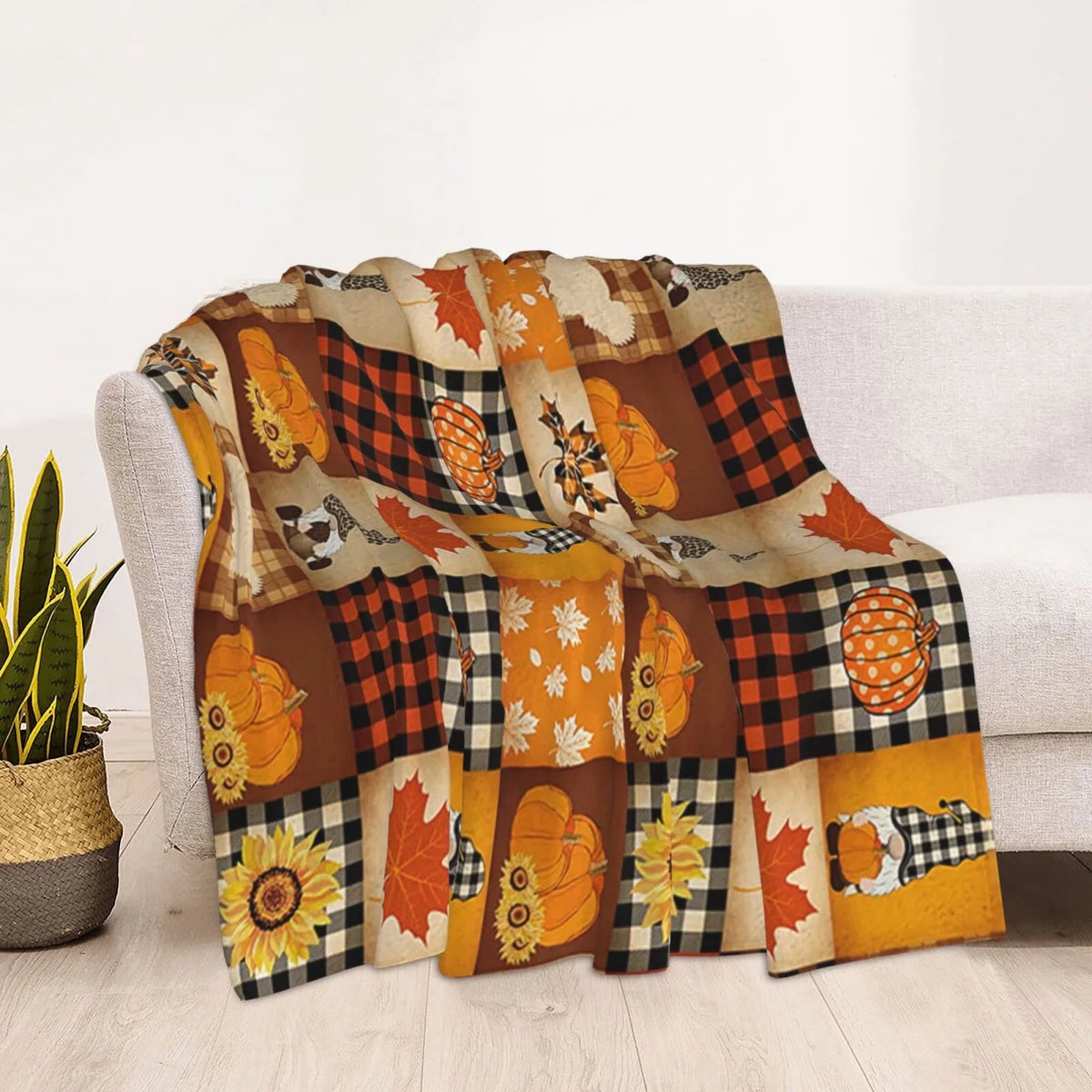 Pumpkin Turkey Maple Leaf Gnome Plaid Flannel Throw Blanket 50 X 40 Inch F23994