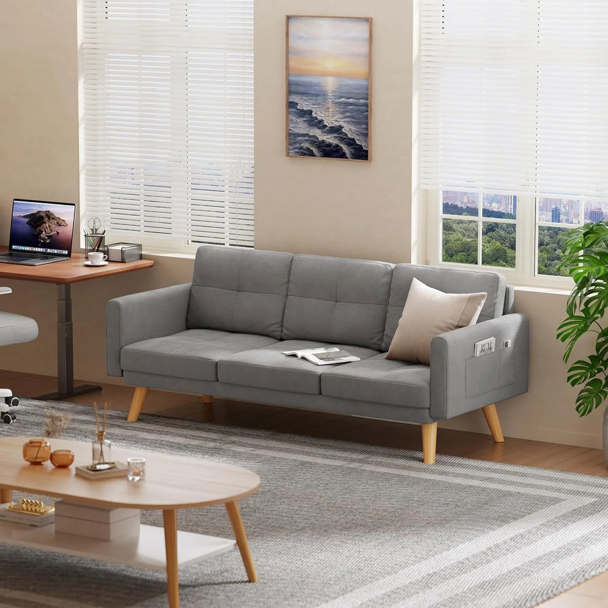 Gray 2-Seater Sofa with 3 Pillows D7035