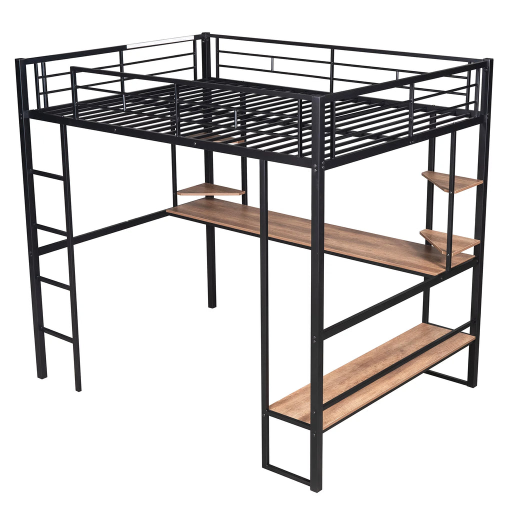 Black Full Metal Loft Bed with Desk and Storage Shelves Y61260