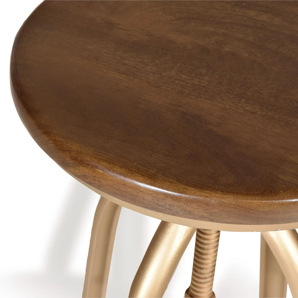 Brown and Gold Adjustable Stool with Wooden Seat T4386