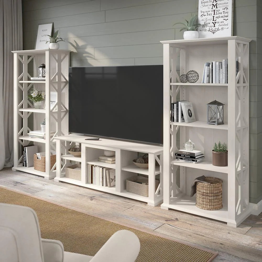 Linen White Oak Engineered Wood TV Stand with Bookcases Q49284