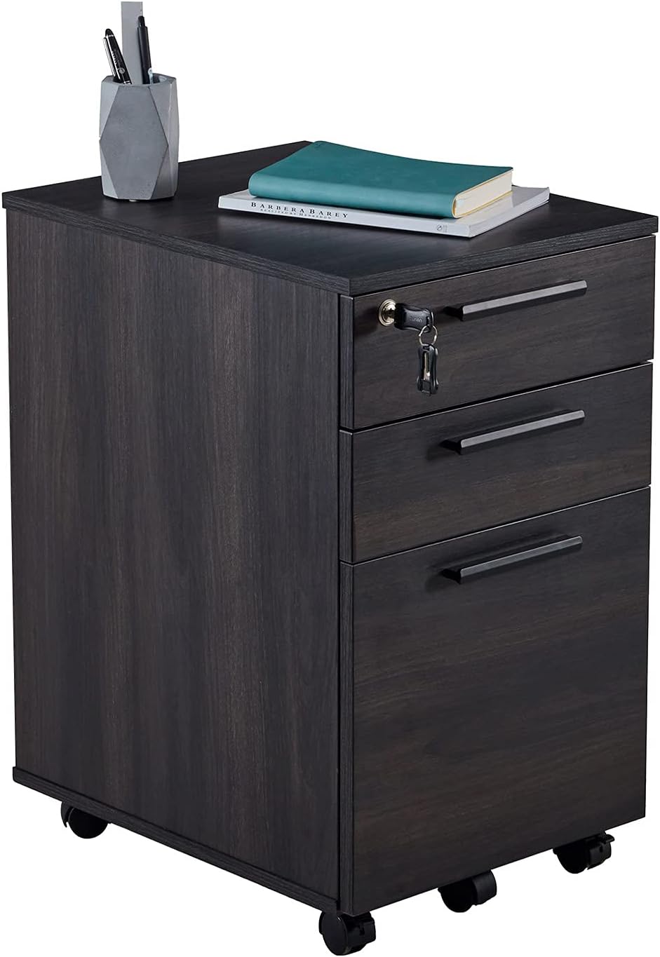 3 Drawer Mobile File Cabinet with Lock Wood Pedestal Filing Storage, Dark Walnut I3961