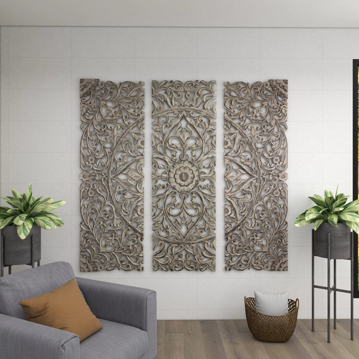 Handmade Gray Carved Floral Wall Décor, Set of 3 X41497