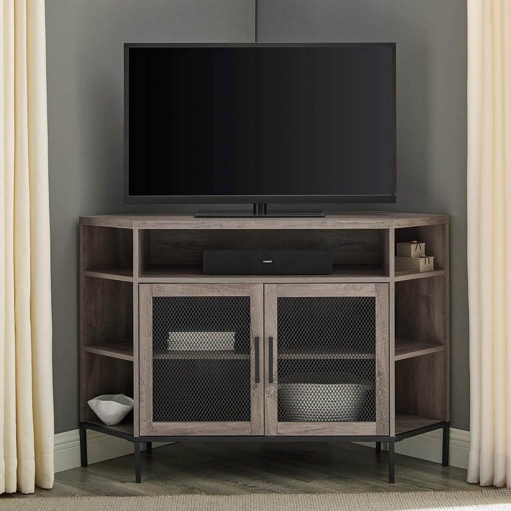 Rustic Oak 48 Inch Metal Mesh and Wood Corner TV Stand with Open Shelves Cabinet Doors L66958