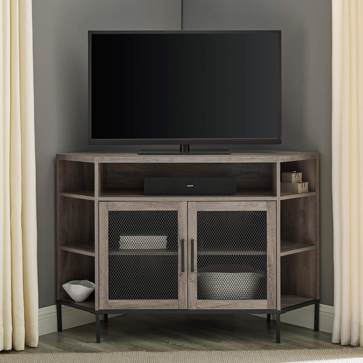 Rustic Oak 48 Inch Metal Mesh and Wood Corner TV Stand with Open Shelves Cabinet Doors L66958