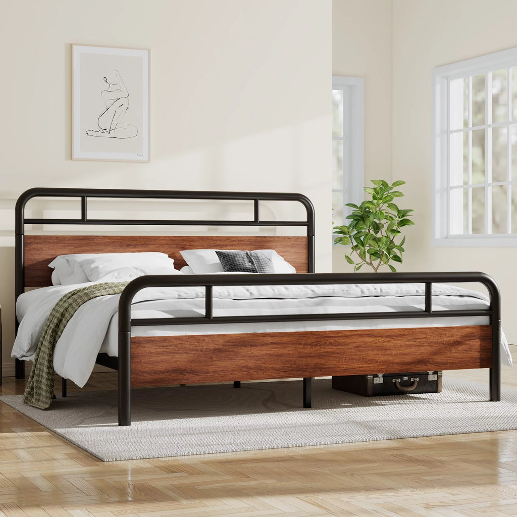 Light Brown King Size Metal Platform Bed Frame with Headboard I940
