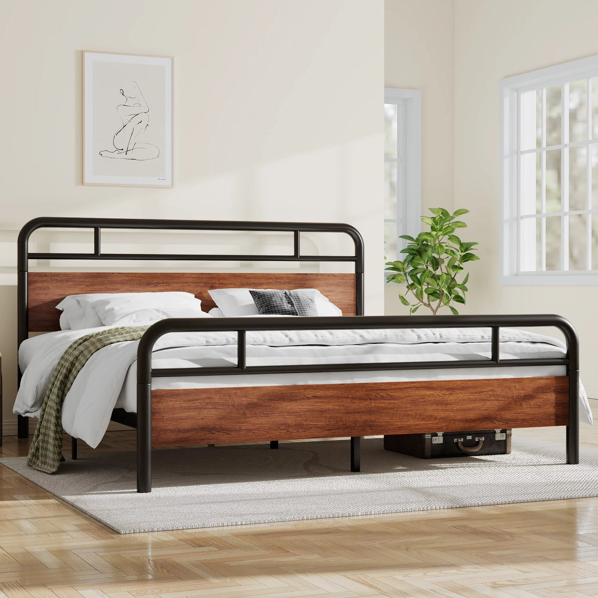 Light Brown King Size Metal Platform Bed Frame with Headboard I940