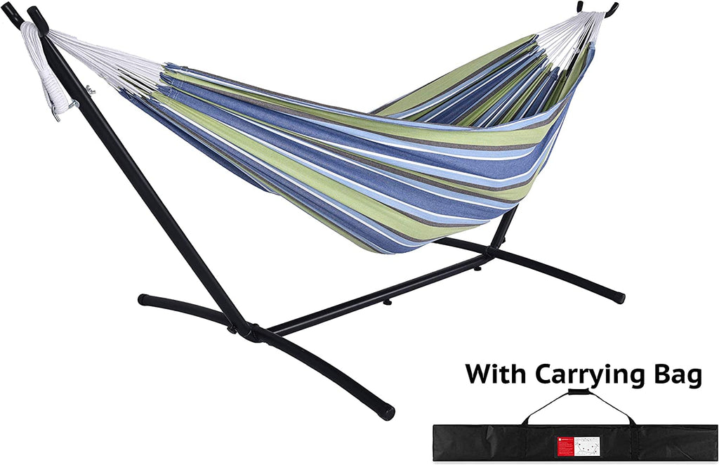 Blue Stripes Double Hammock Bed with Carrying Bag and Steel Stand Q42929