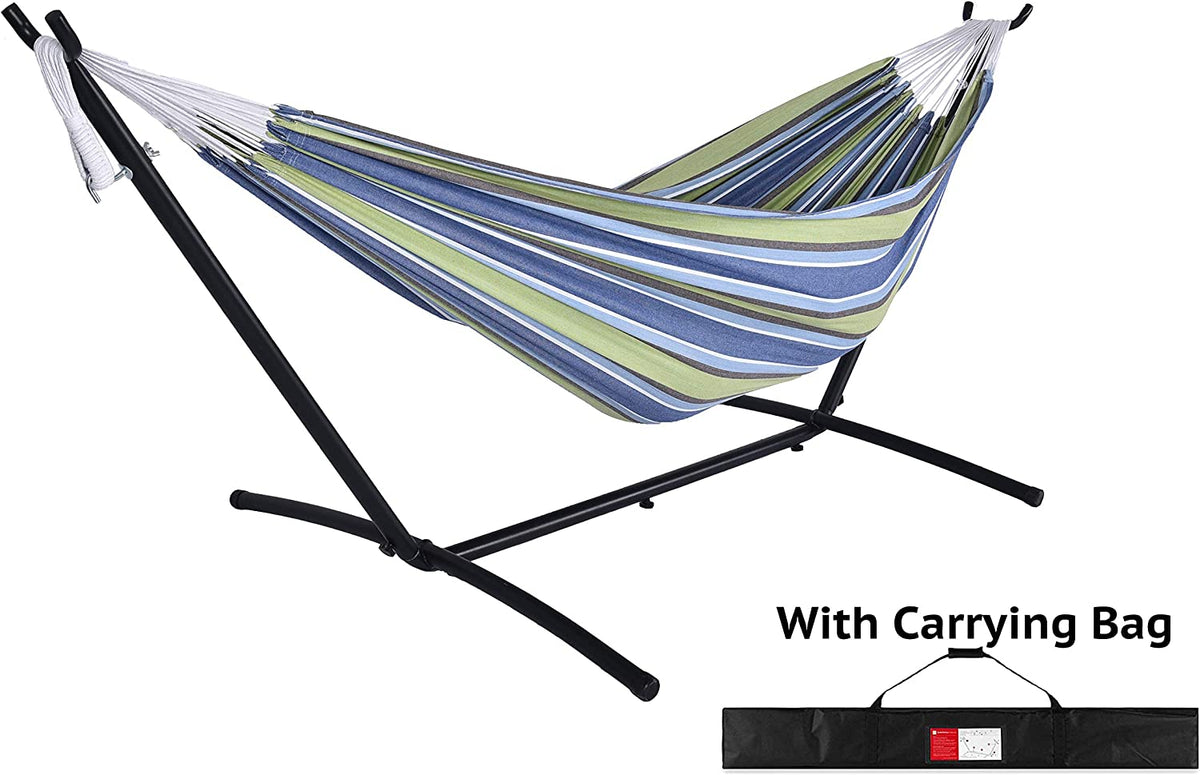 Blue Stripes Double Hammock Bed with Carrying Bag and Steel Stand Q42929