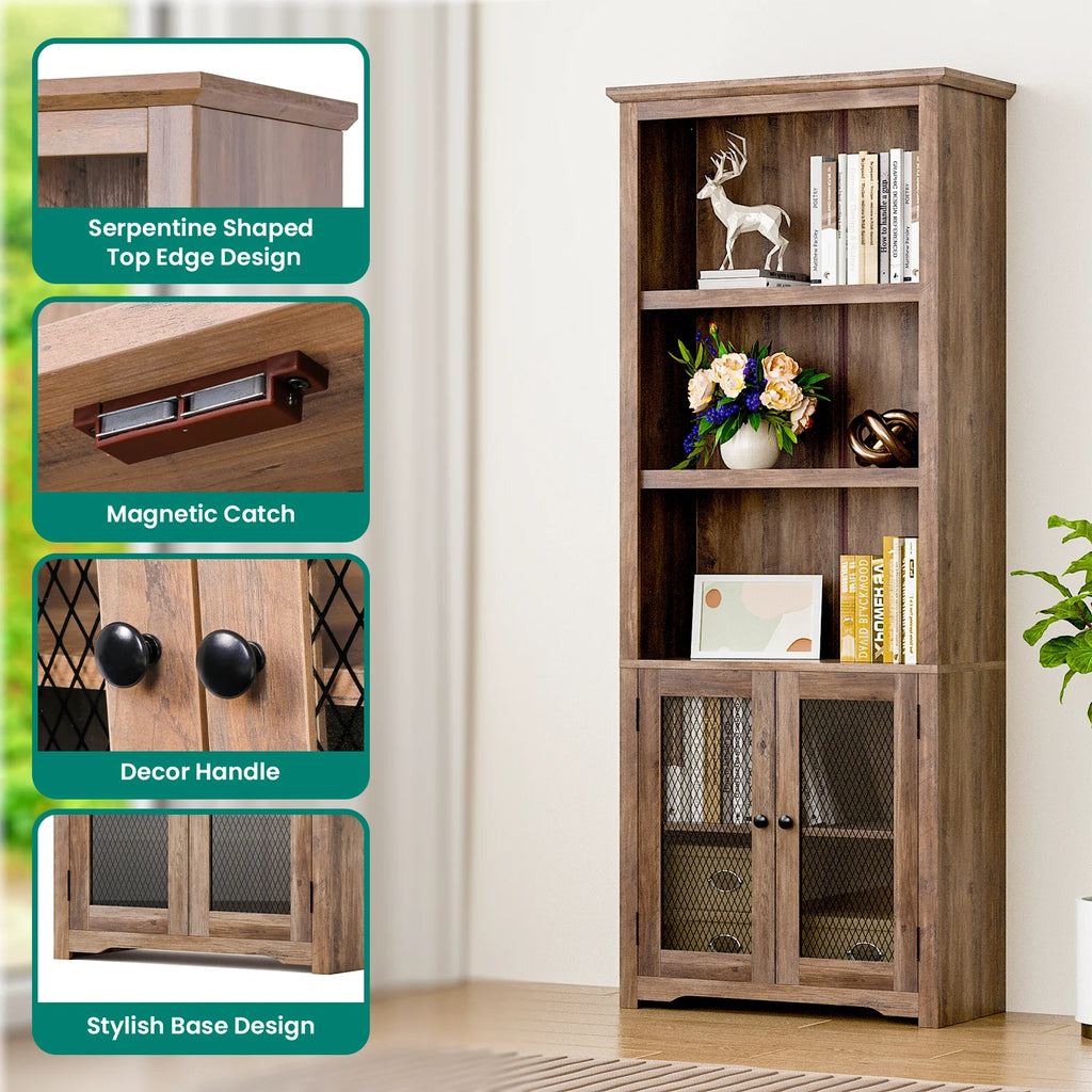 70" Tall 5-Shelf Bookshelf with Doors T2255