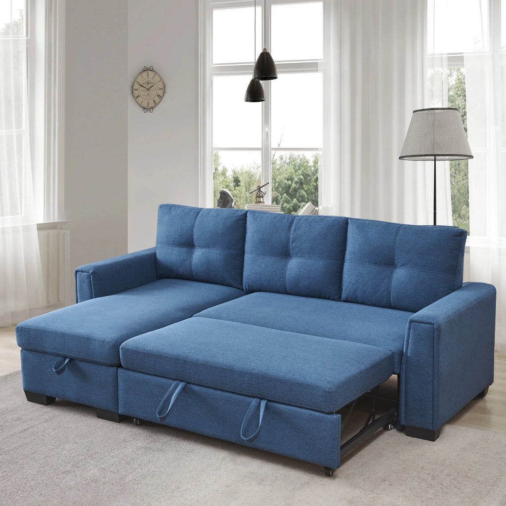 Blue L-Shape Pull-Out Sleeper Sectional Sofa R630
